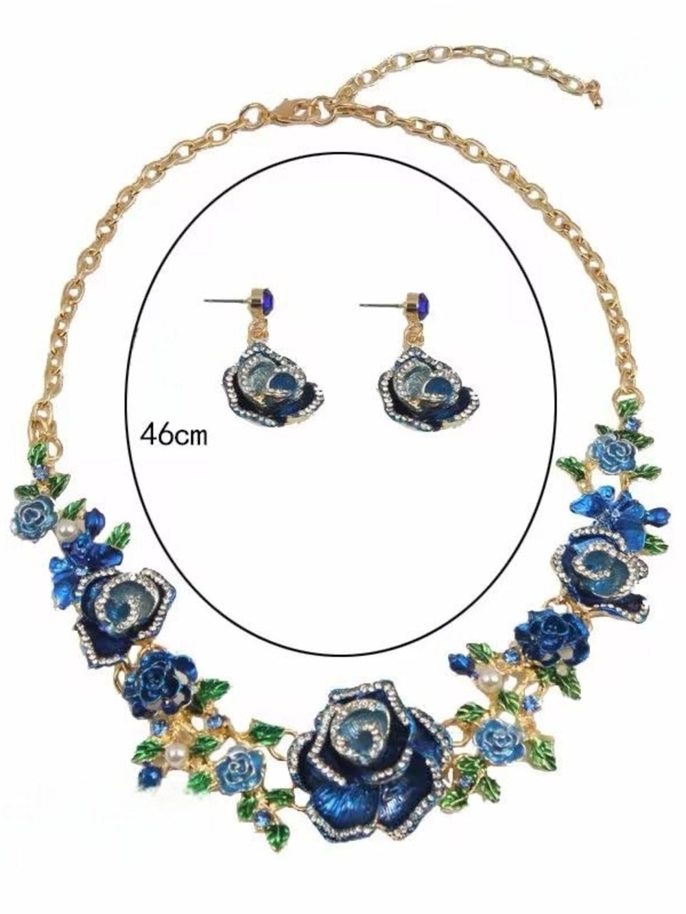 Gold-Tone Blue Floral Statement Necklace with Earrings - Picture 3 of 3